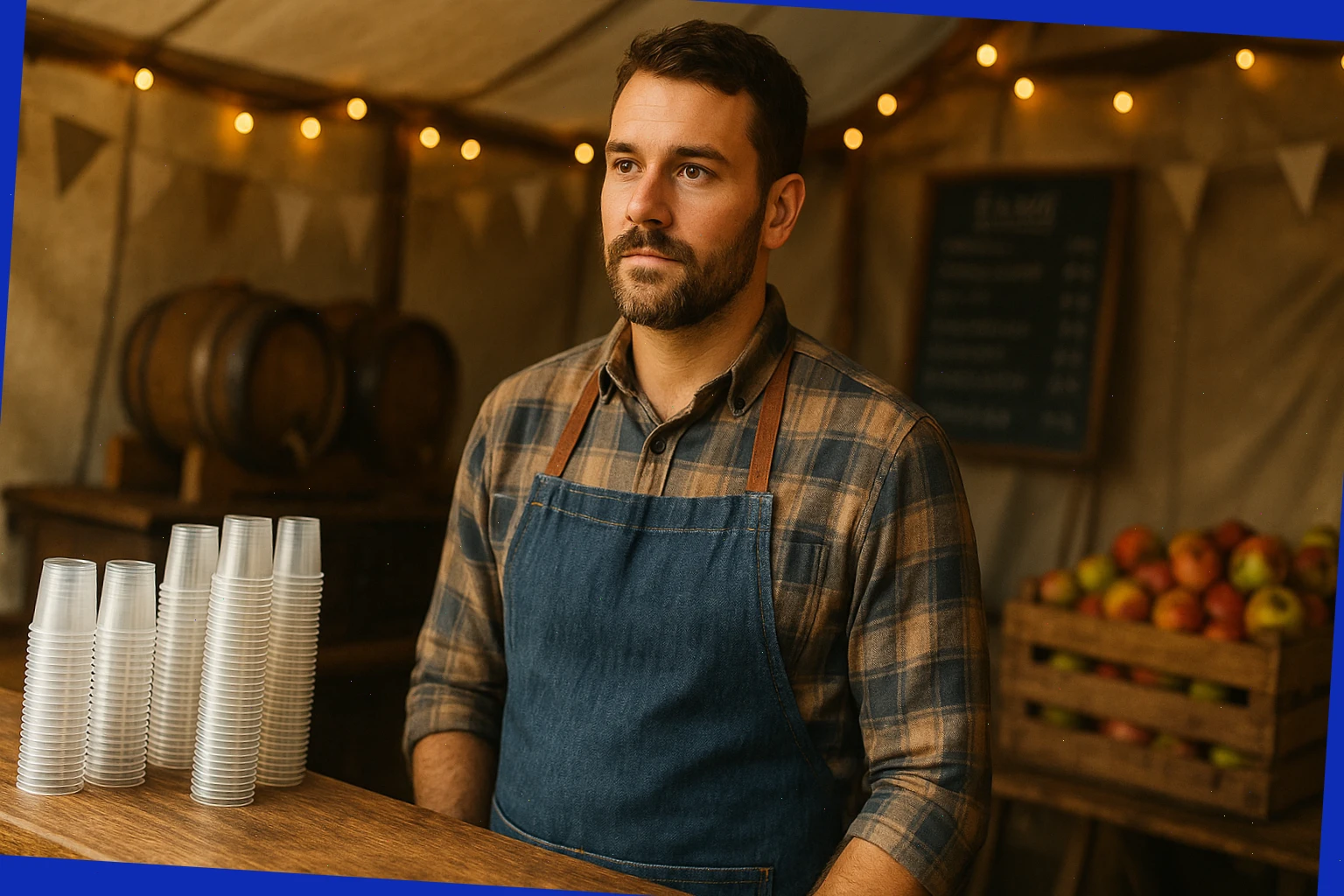 Host beside stacked tasting cups at a cider tent