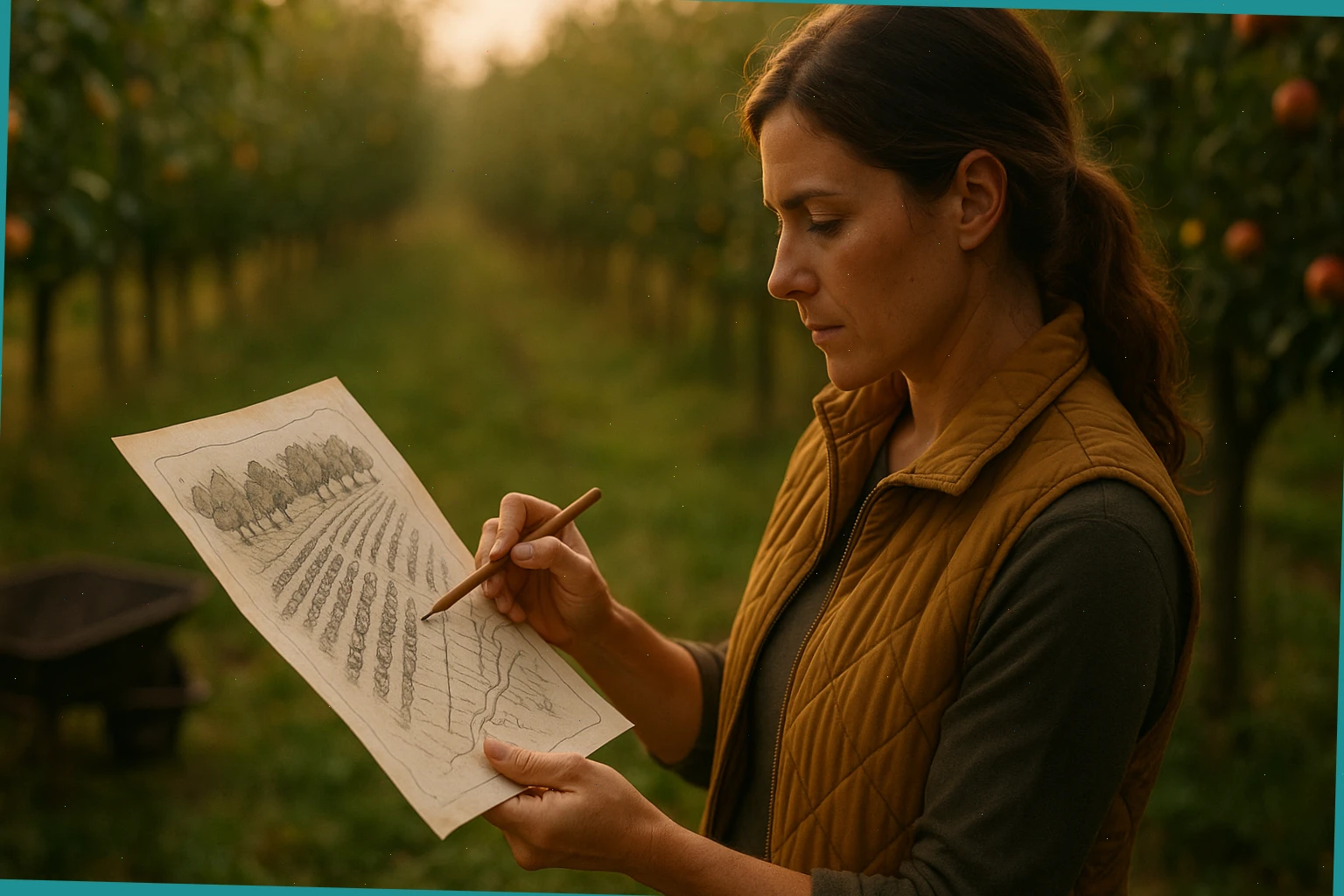 Guide checking a hand-drawn route by orchard rows