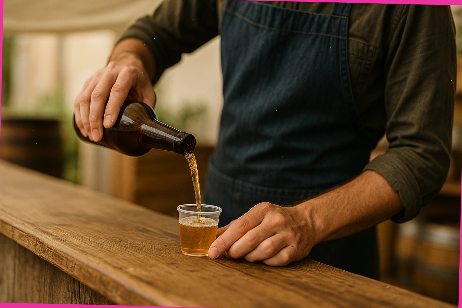 Volunteer pouring a small cider sample at the counter