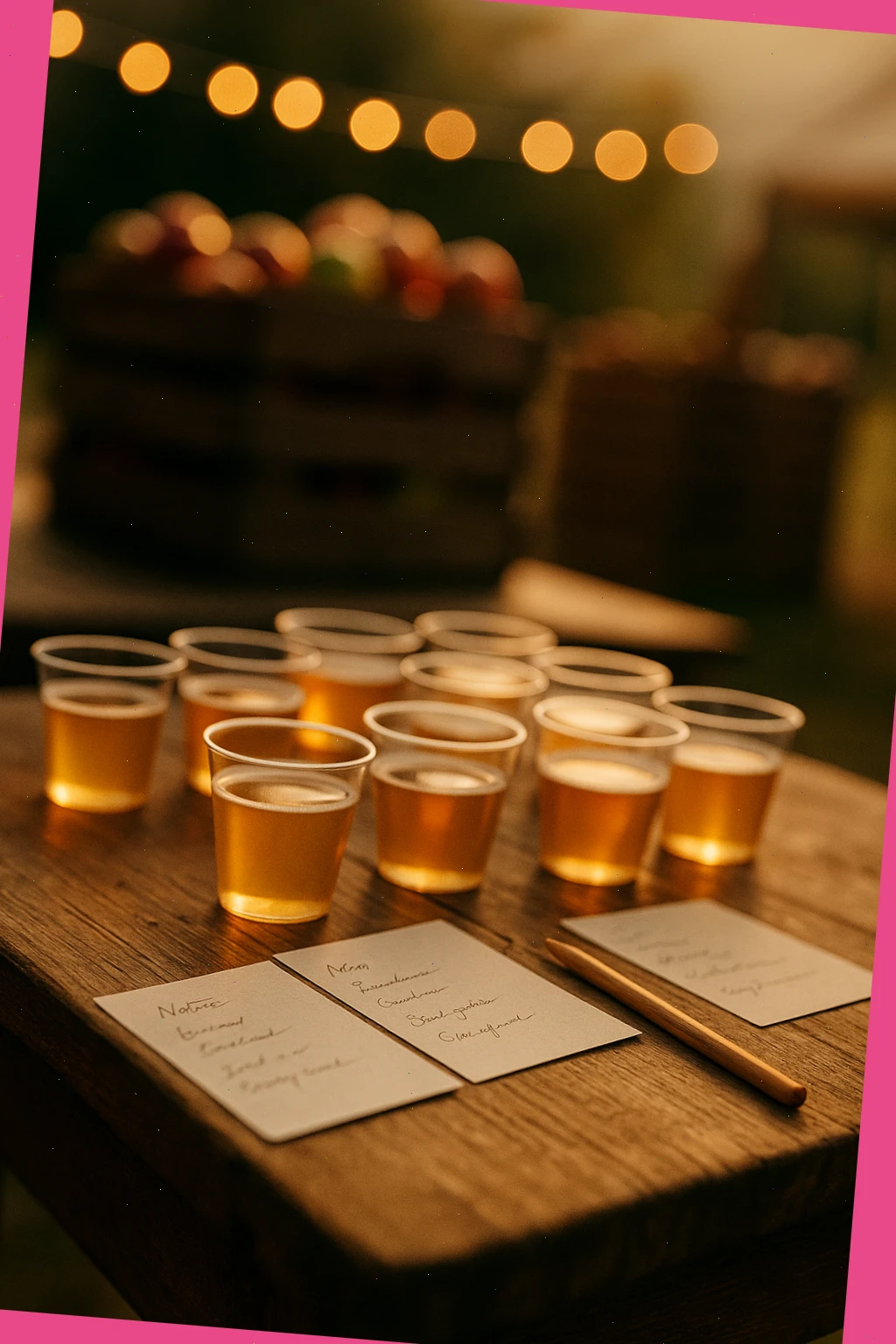 Tasting table with small cider pours and paper notes