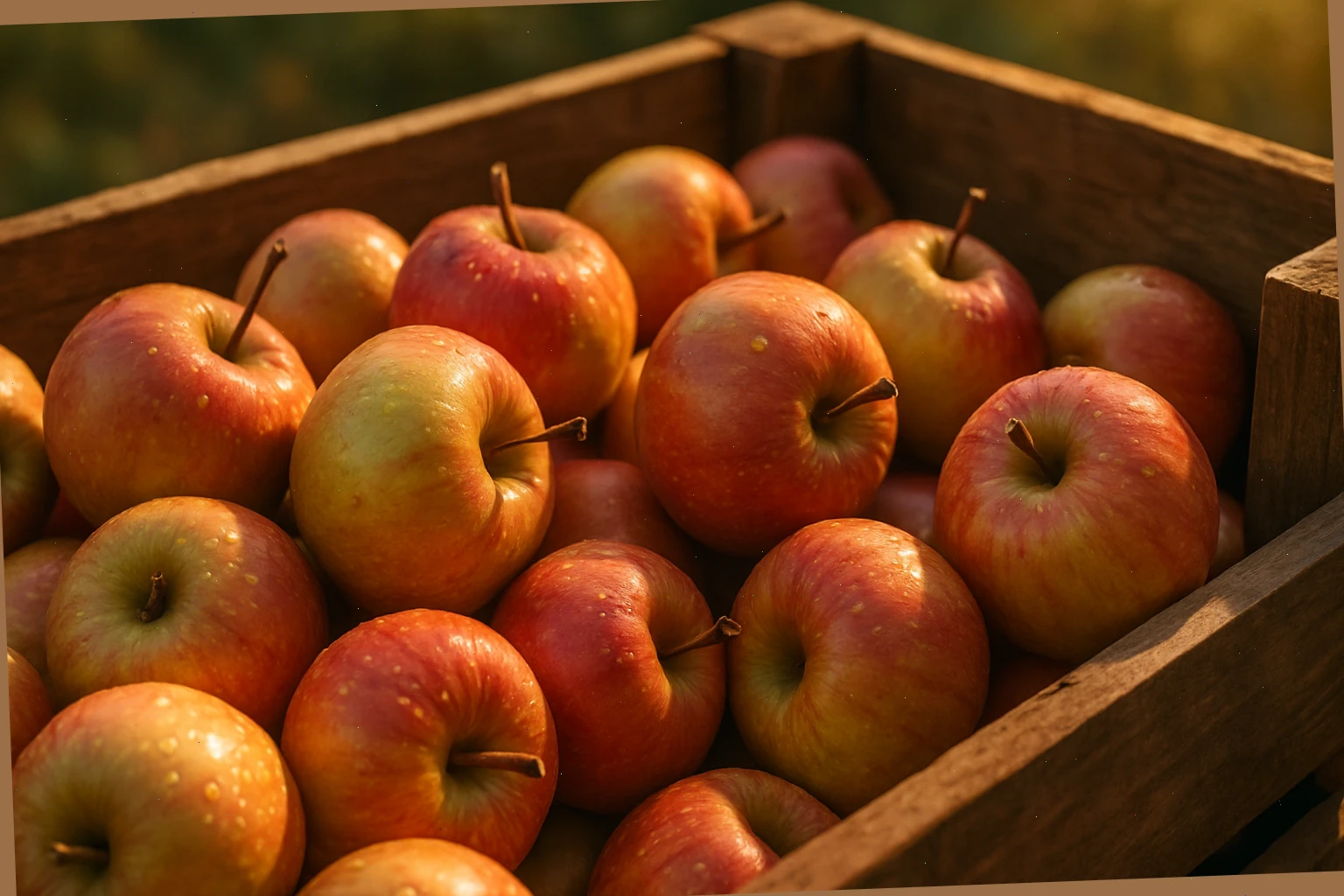 Close view of cider apples in a wooden crate